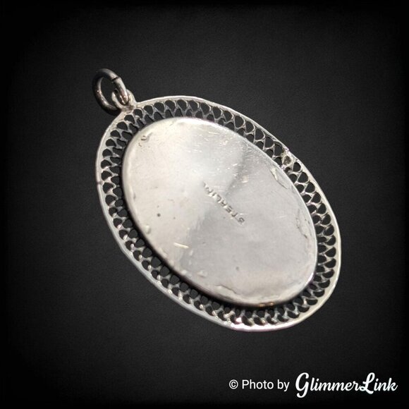 VTG Butterfly Wing Tropical Beach Scene Sterling Silver Oval Filigree Pendant - Picture 5 of 7